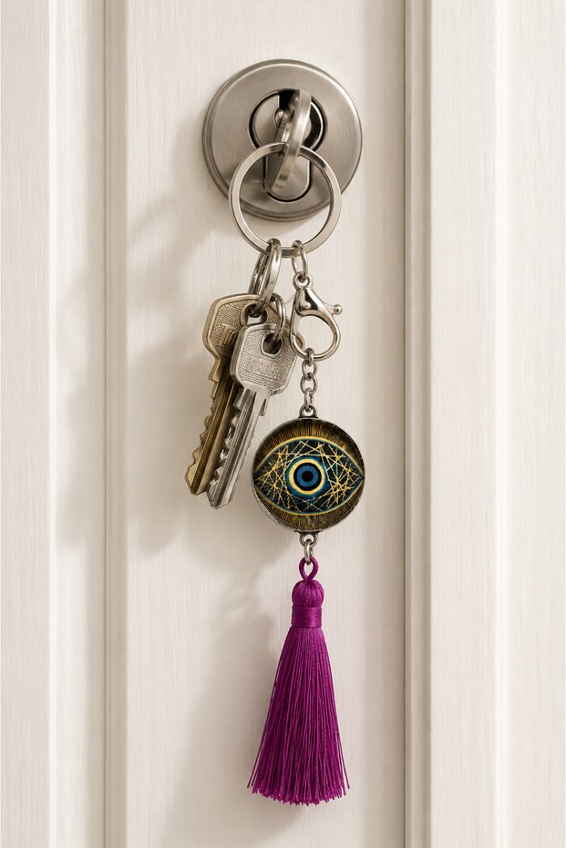Purple Tassel Keychain with Evil Eye Beads, Bag Ornament and Gift Accessory
