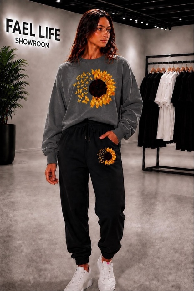 Unisex Wide Cut Zero Neckline and Sweatpants Moonflower Printed Set