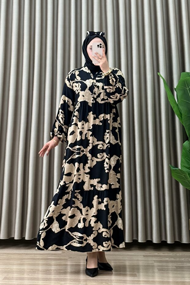 Feza Dress Viscose Fabric Women's Black Collar Openable Buttoned Comfortable Cut Hijab Dress