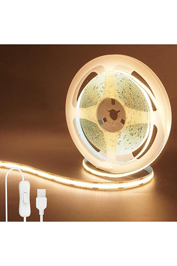 شريط إضاءة LED COB بمنفذ USB 5 فولت مع مفتاح تشغيل، 6.56 قدم/2 متر، أبيض دافئ 3000 كلفن، 320 مصباح LED/متر، عرض 8 مم، غير مقاوم للماء