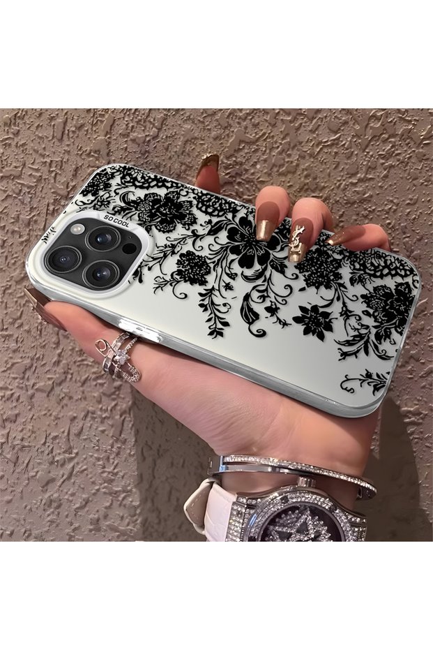 Elegant Black Lace Flower Pattern Case Compatible with iPhone 16 Pro, High Quality Matte Phone Case