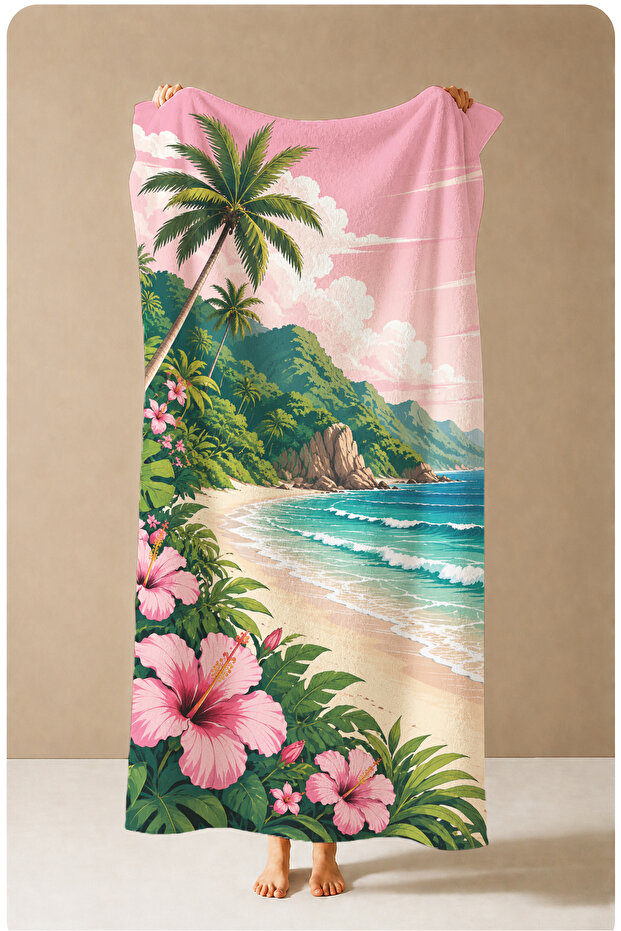 Tropical Pink Hibiscus Koy Patterned 70X150 Beach Towel - Digital Printed Fade-Resistant Bath Towel