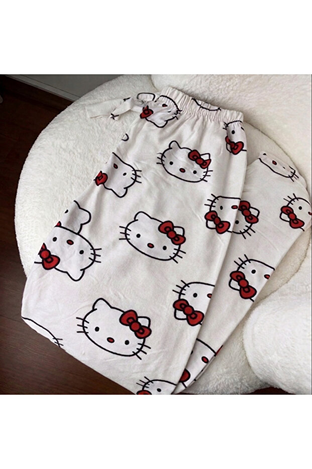 Hello Ki̇tty Patterned Pajama Bottoms Women's Pajama Bottoms Suede Premium Quality Pajama Bottoms