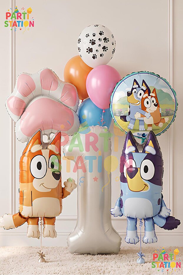 Bluey and Chilli Concept 1 Year Old Foil Balloon Set – 9 Piece Birthday Set