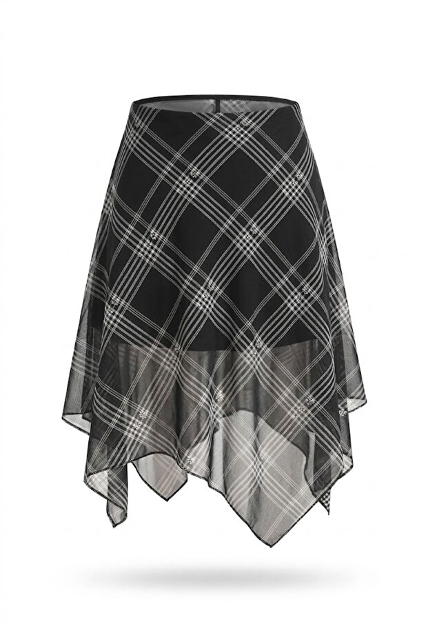 Plaid Asymmetrical Cut Chiffon Skirt
