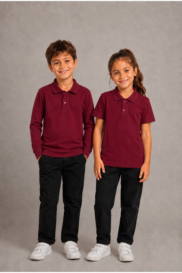Children's Unisex Set of 2 Cotton Polo Collar Buttoned T-Shirts - Both Long and Short Sleeve School and Casual Wear Comfortable Fit Basic T-Shirt