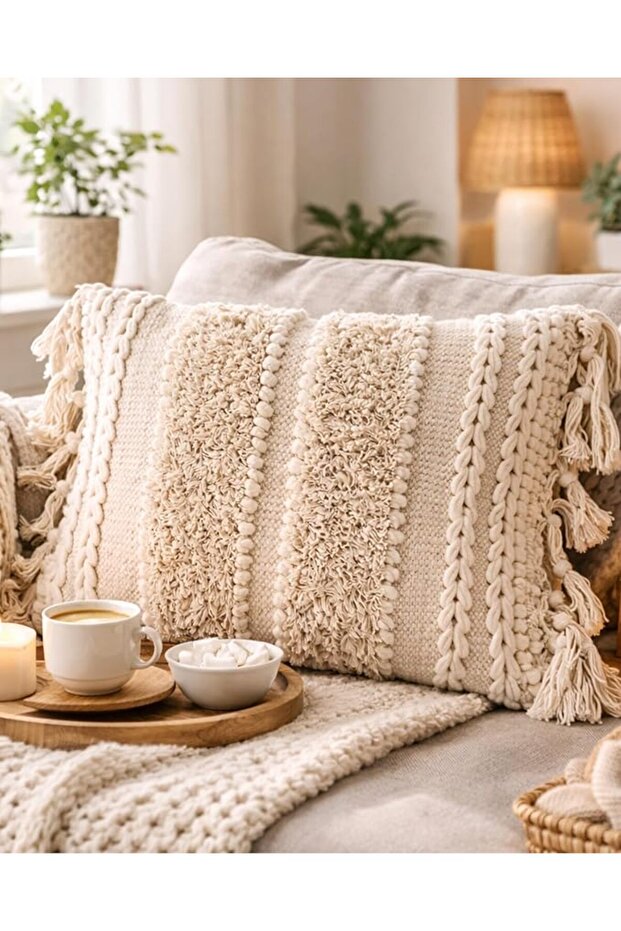 غطاء وسادة بوهو مزخرف، مقاس 18 × 18 بوصة، غطاء مربع ناعم بتصميم مغربي ريفي مع لمسات مزخرفة، بلس