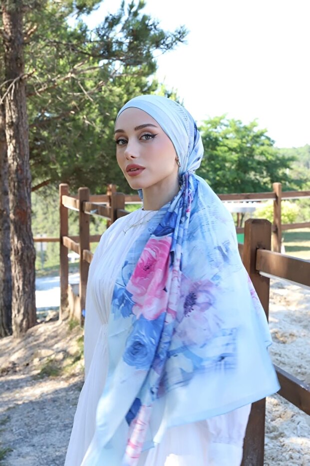 Blue Aqua Floral Patterned Soft Shawl