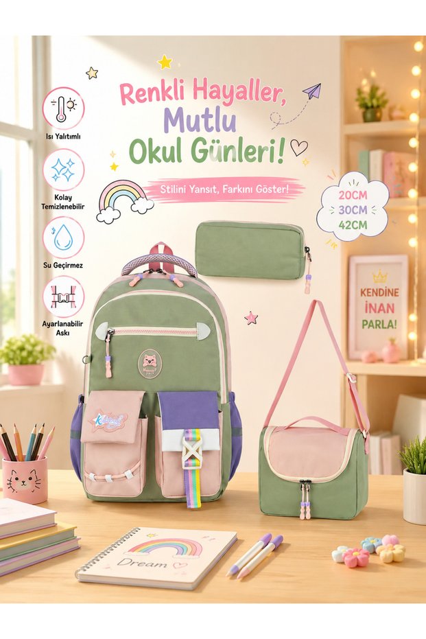 Girl's Primary School Orthopedic 3-Piece Set Pen Holder Lunch Bag 3 Compartments Ice Cream