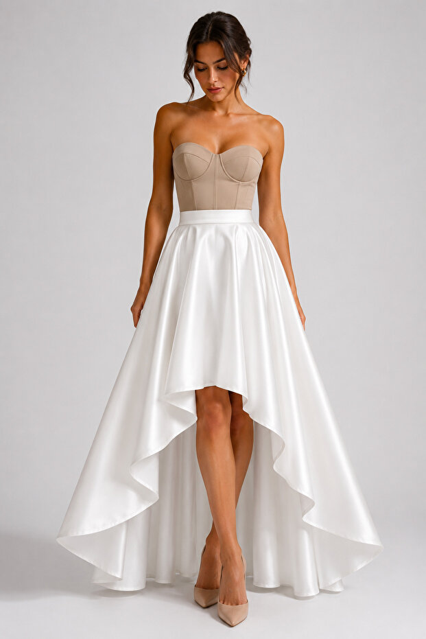 Women's White Matte Satin High Low Asymmetrical Long Evening Dress Skirt
