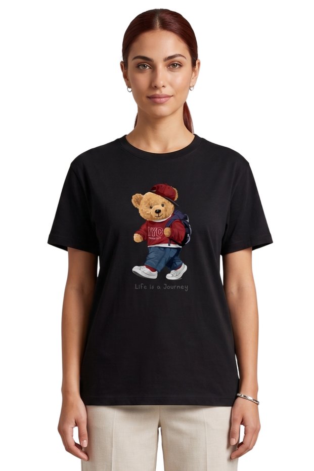 Women's Black Teddy Bear Printed T-Shirt Life Is a Journey Comfortable Fit Cotton