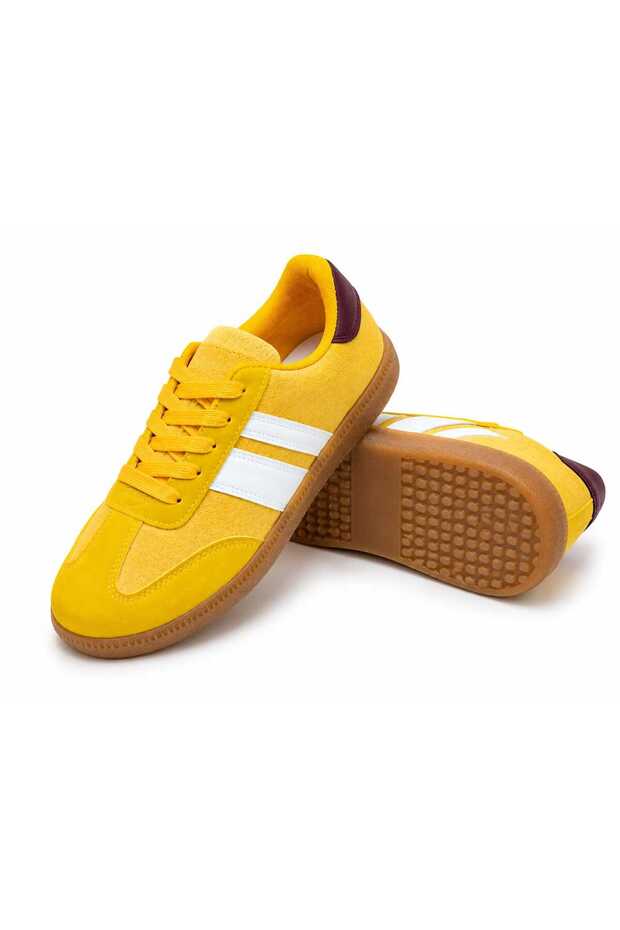 Women's Yellow White Casual Sneakers – Lace-Up Gum Sole Shoes