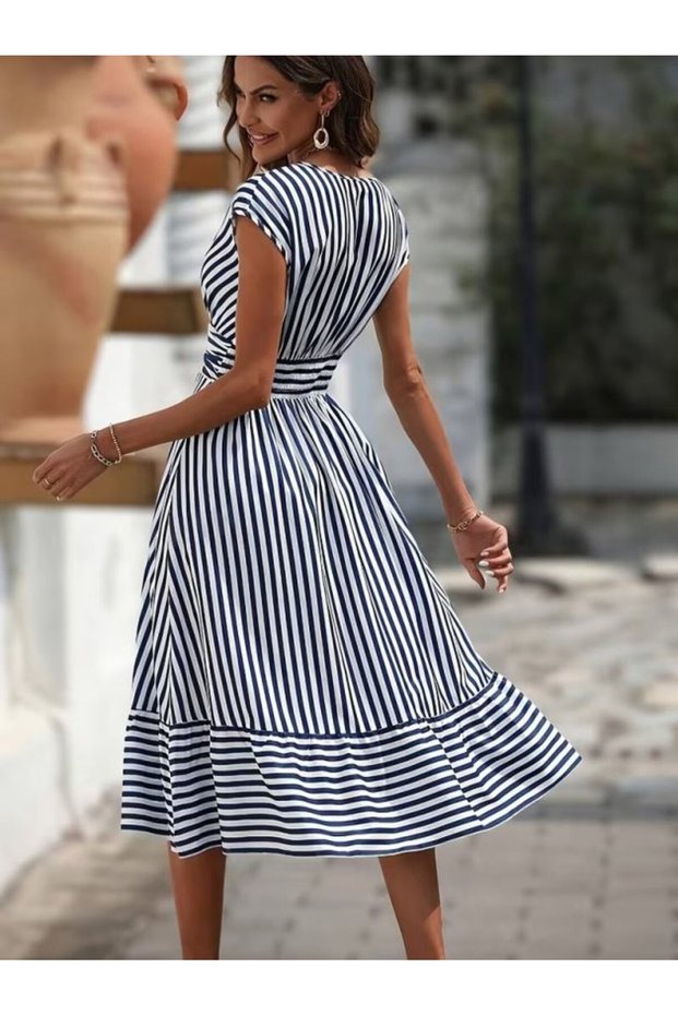 Women's Short Sleeve V-Neck Striped Single Jersey Midi Dress