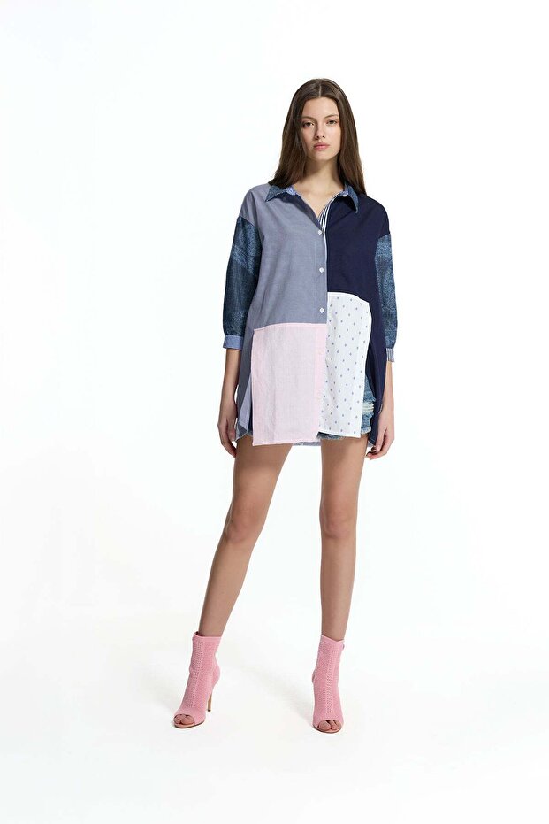 Blue Patchwork Printed Block Shirt 19132