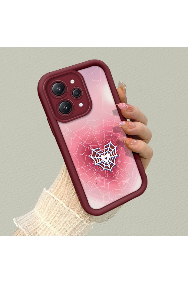 Redmi 12 4g Compatible Pink Gradient Heart Spider Web Pattern Silicone Case
