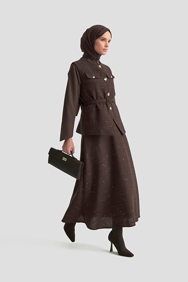 Silvery Tweed Vest Suit Brown