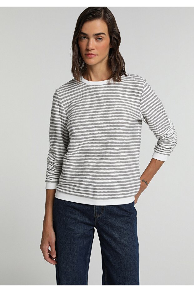Regular Fit Round Neck Striped Women's Brown ¾ Sleeve T-Shirt