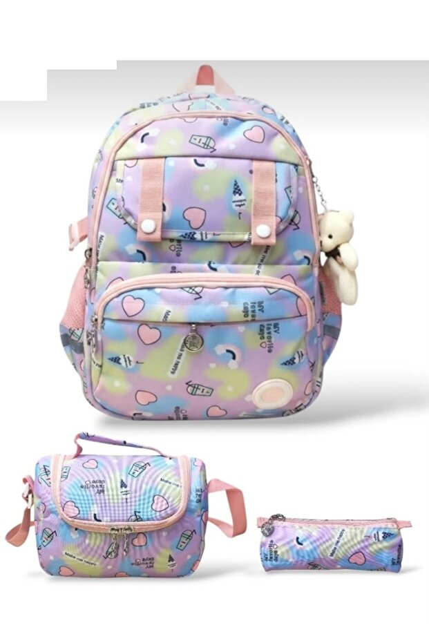 Five-Compartment Orthopedic Bag with Teddy Bear Accessories, Pen Holder and Thermos, School Bag Set with Lunch Box