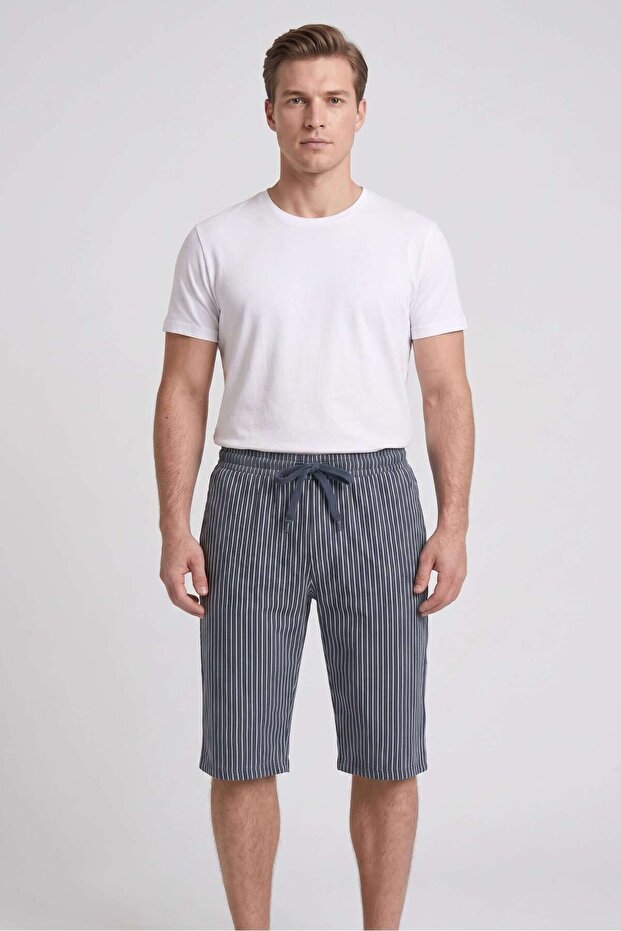 Men's Navy Blue Striped Patterned Combed Cotton Modal Capri