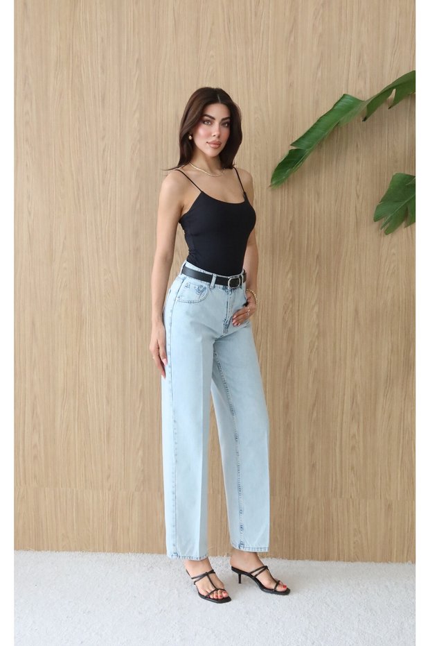 Women's Light Blue High Waist Belt Detailed Balloon Fit Light Blue Jean Trousers