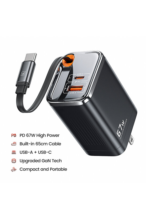 toocki US Plug Toocki 67W GaN Charger US Plug With Retractable Type-C Cable Digital Display PPS PD3.