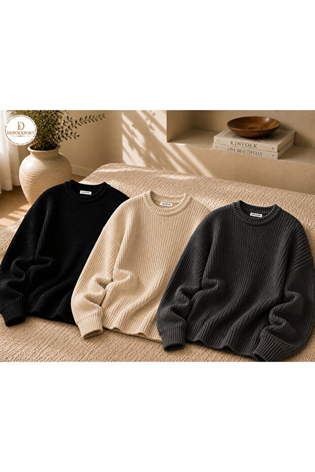 Women's 3-Piece Crew Neck Oversize Knitwear Sweater Soft Knitted Sweater