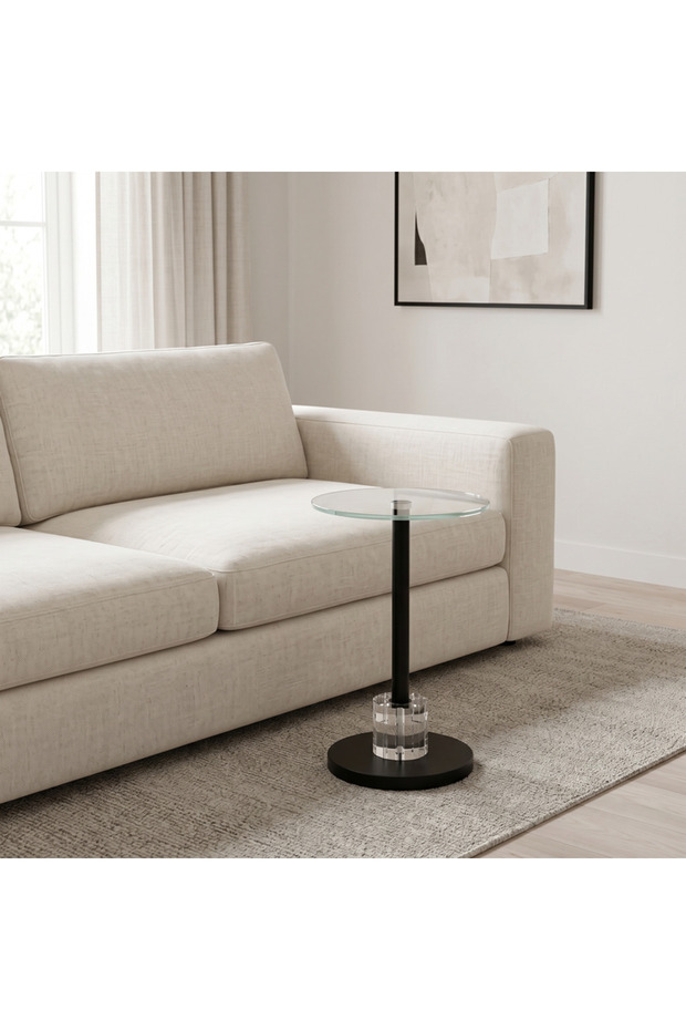 Round End Table with Glass Top and Metal Frame – Black