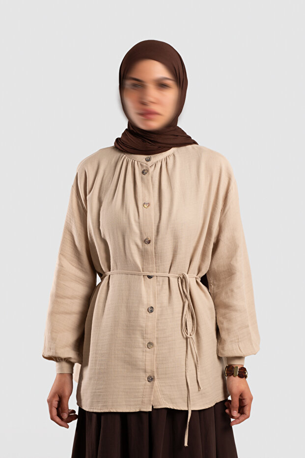 Muslin Shirred Detailed Shirt Stone