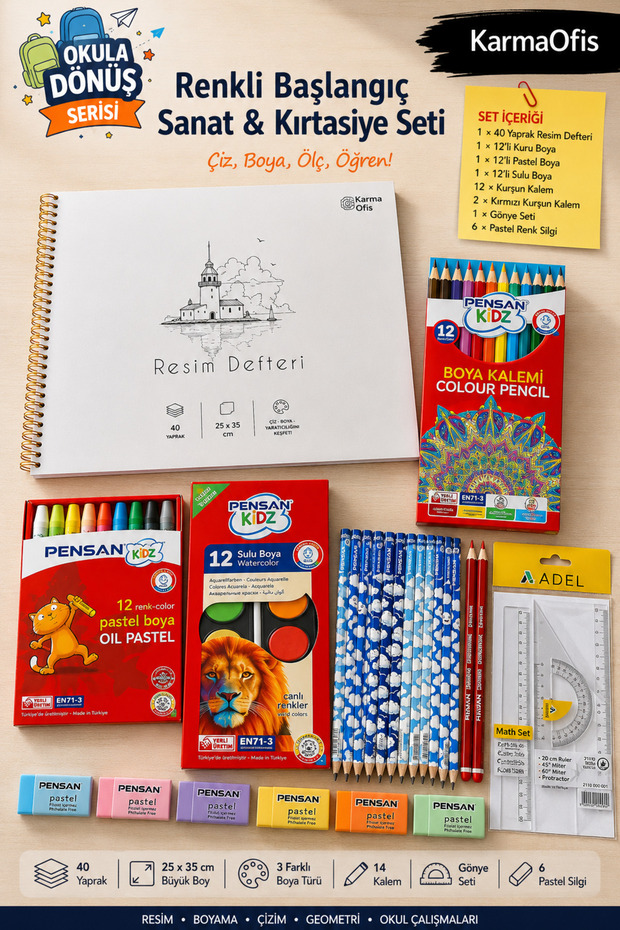 Back to School Stationery Set 40 Sheets 25X35 Drawing Notebook | 12-Pack Dry | Pastel | Watercolor | Cloud Patterned Pencil | Gönye | Eraser