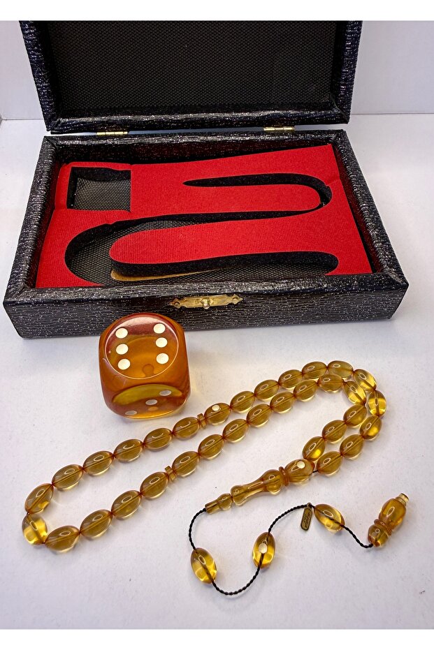 Abdullah Daş Fully Patinated Signed Dice with Object and Box, Amber Prayer Beads