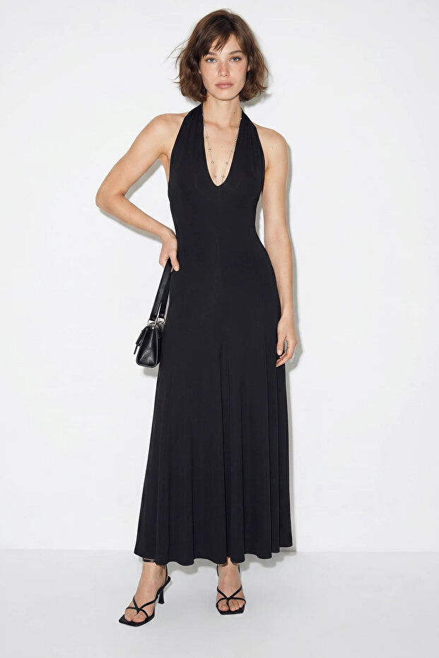 Women's Backless Halter Neck Flowy Maxi Black Dress