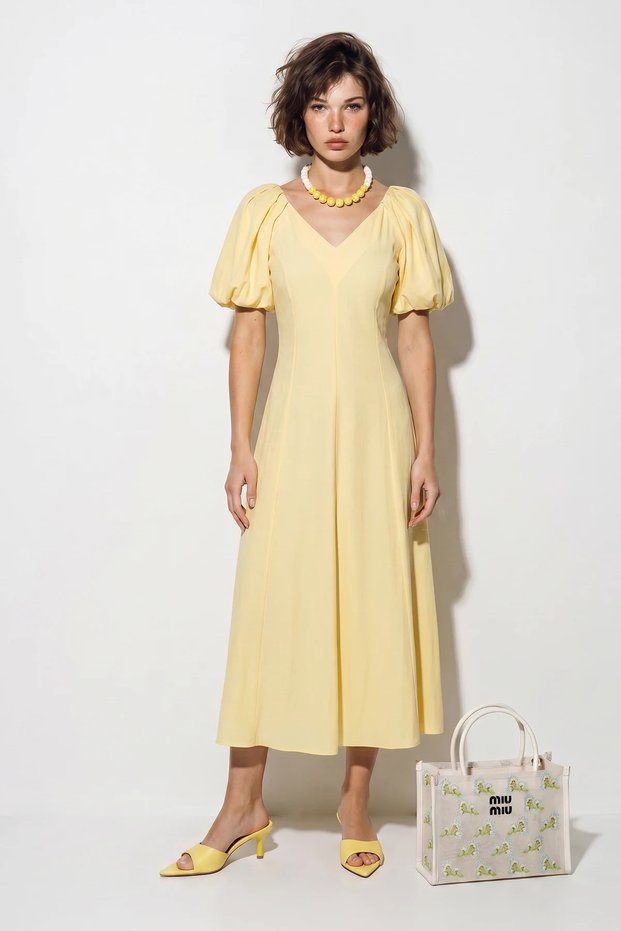 Women's V-Neck Waist-Fitted Balloon Sleeve Midi Modal Yellow Dress