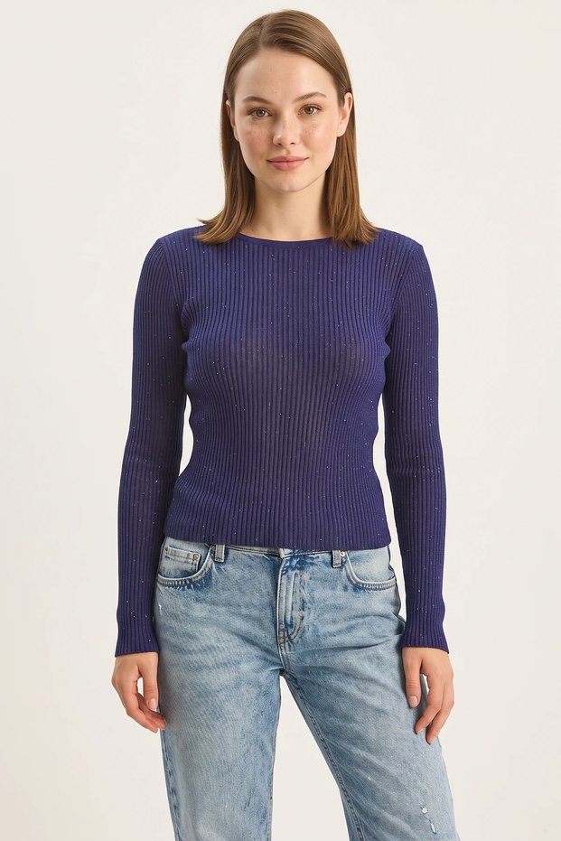 Women's Crew Neck Ribbed Body-Hugging Sequin Detailed Gilded Knitwear Cobalt Blue Blouse