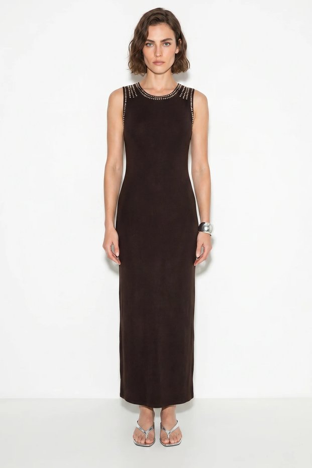 Women's Stone Embellished Crew Neck Thick Strap Ribbed Wrap Maxi Bitter Coffee Dress