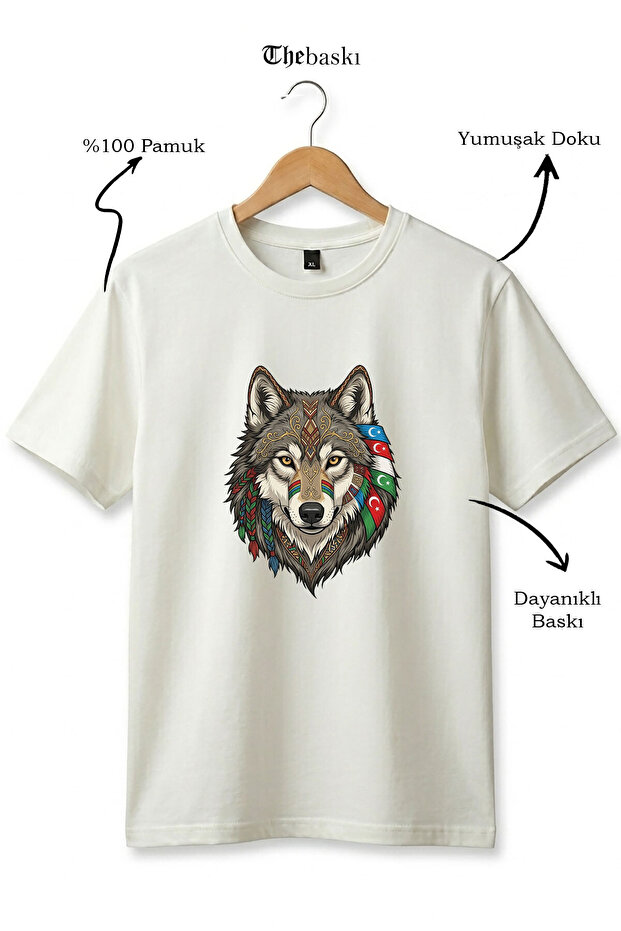 Wolf Figured Turkey Flag Gray Wolf Alpha Turkish Flag Printed 100% Cotton Crew Neck Basic Tshirt