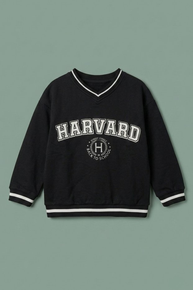 Unisex Kids' V-Neck College Printed Sweatshirt with Stripe Detail