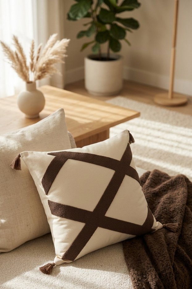 Colorful Geometric Cross Line Pattern Embossed Punch Embroidered Tasseled Cotton Decorative Throw Pillow Cover 42X42 cm