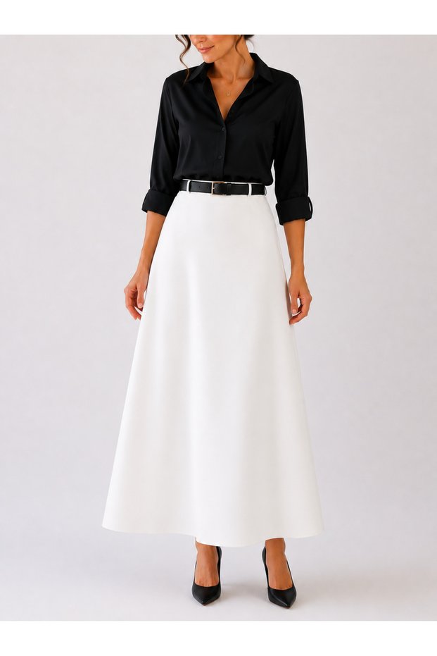 Belt-Detail Maxi Length Loose White Woven Skirt