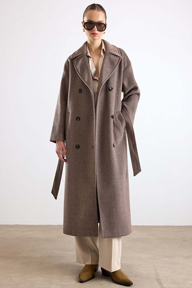 Oversize Low Sleeve Double Breasted Coat Latte 3173