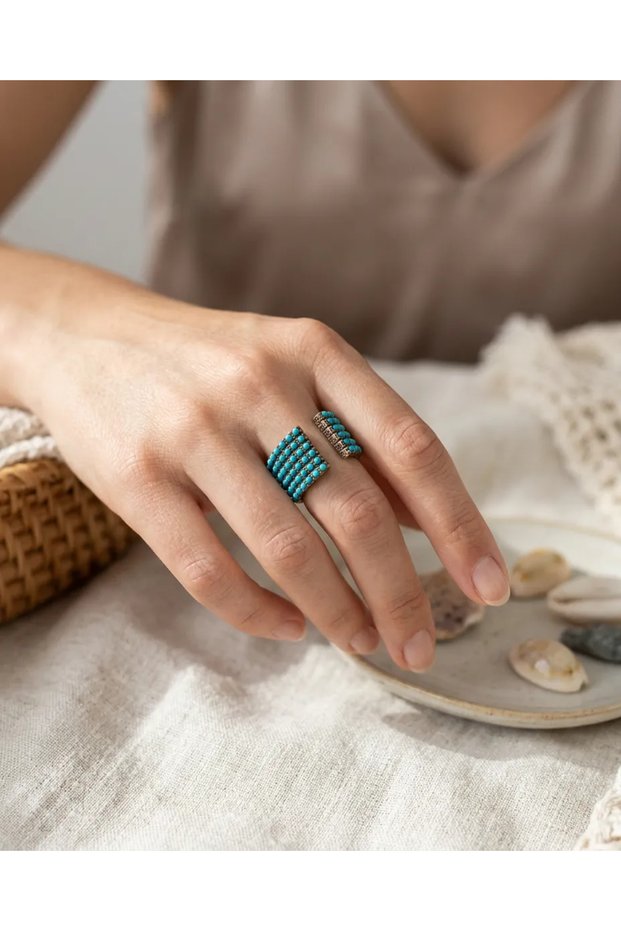 Bronze Women's Ring Authentic Copper Jewelry Mini Turquoise Stone Worked Design Front Adjustable Vintage