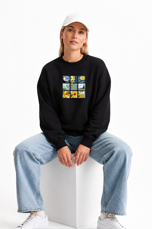 Van Gogh Themed Art Design Printed Sweatshirt Oversize Fit 100% Cotton Back Printed Unisex Casual Sweatshirt