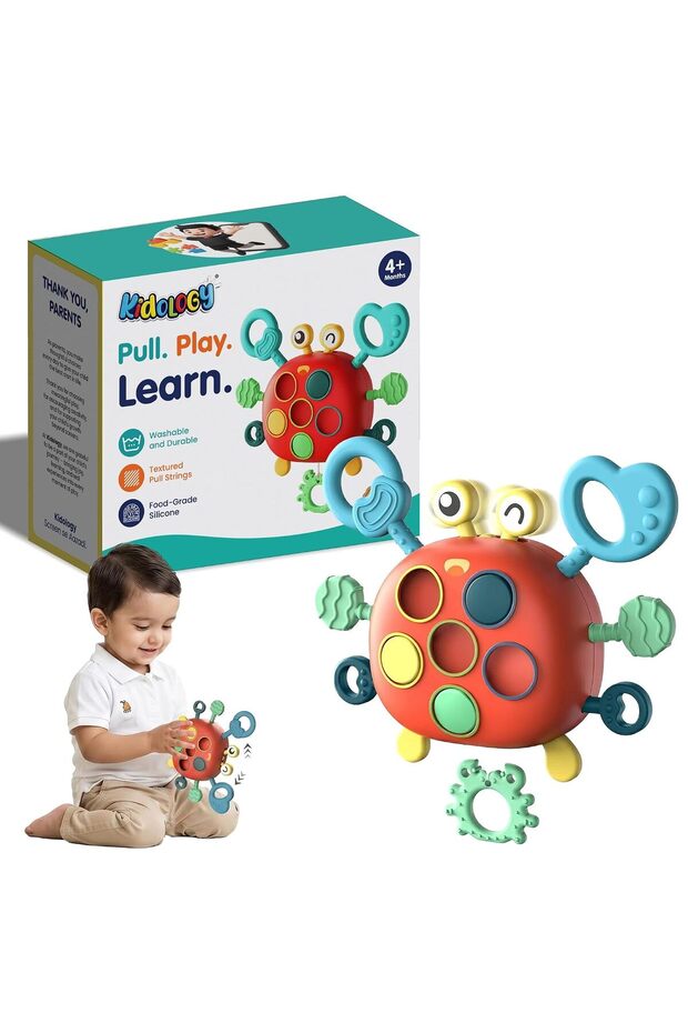Educational Sensory Toy,Silicone Pull String Crab,for Toddlers 6-18 Months,Fine Motor Skills Development,Travel Activity,Birthday Gift