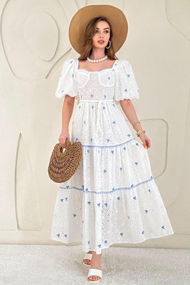 Blue Lace Detailed Embroidered Dress