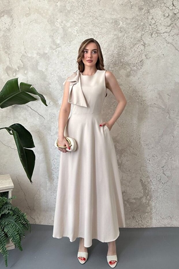 Beige Shoulder Bow Dress