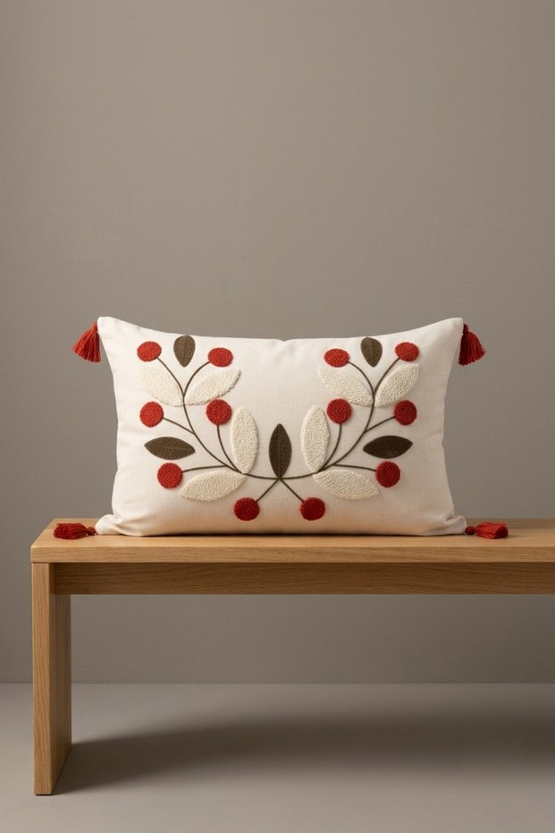 Tomurcuk | Botanical Branch and Leaf Motif Punch Embroidered Tasseled Cotton Throw Pillow Cover 35X55 cm
