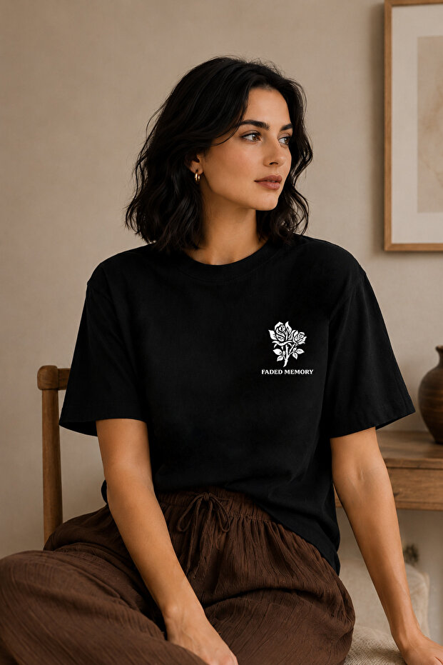 Premium Faded Memory Rose Printed Black Oversize Unisex T-Shirt with Minimal Floral Pattern