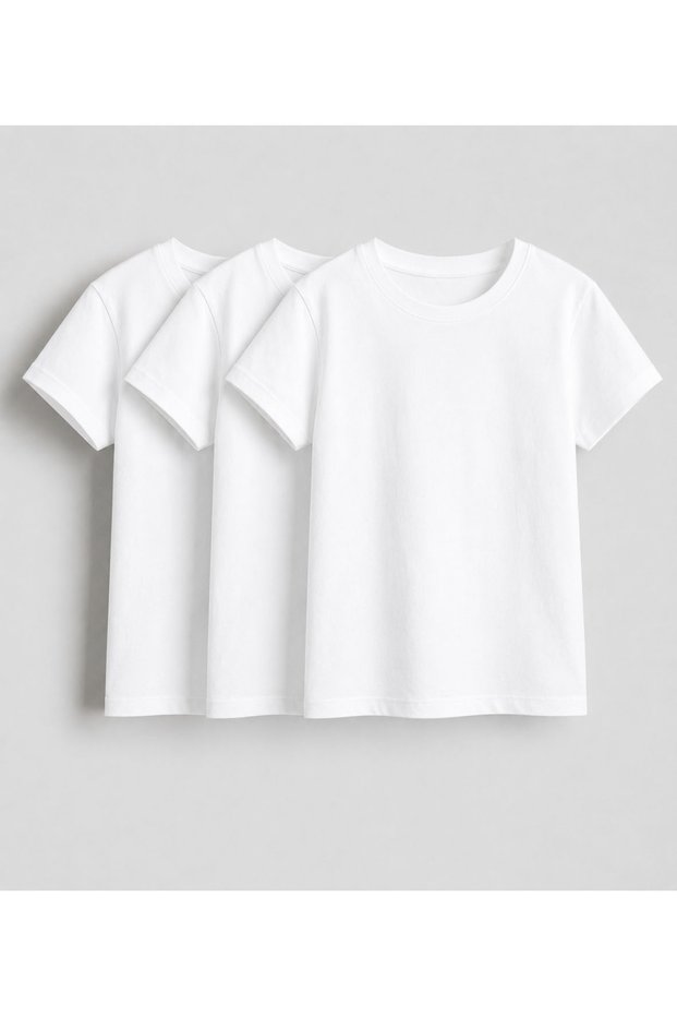White Crew Neck Cotton 3-Piece Short Sleeve Boys Girls School T-Shirt