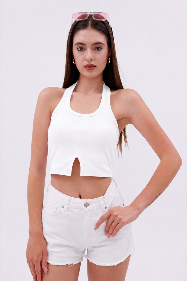 Ecru Halter Neck Camisole Crop – Summer Top with Front Slit Detail