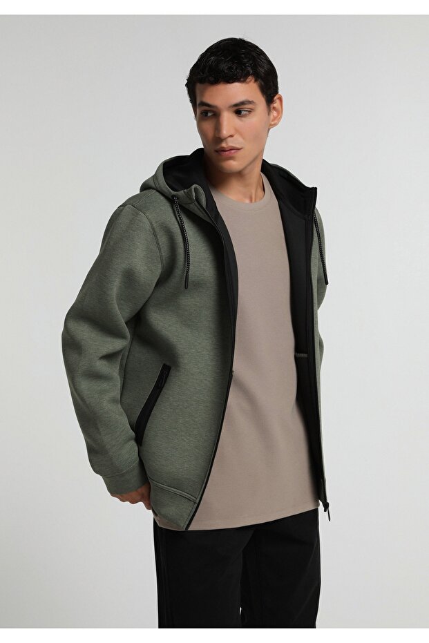 Regular Fit Hooded Plain Men's Green Sweatshirt