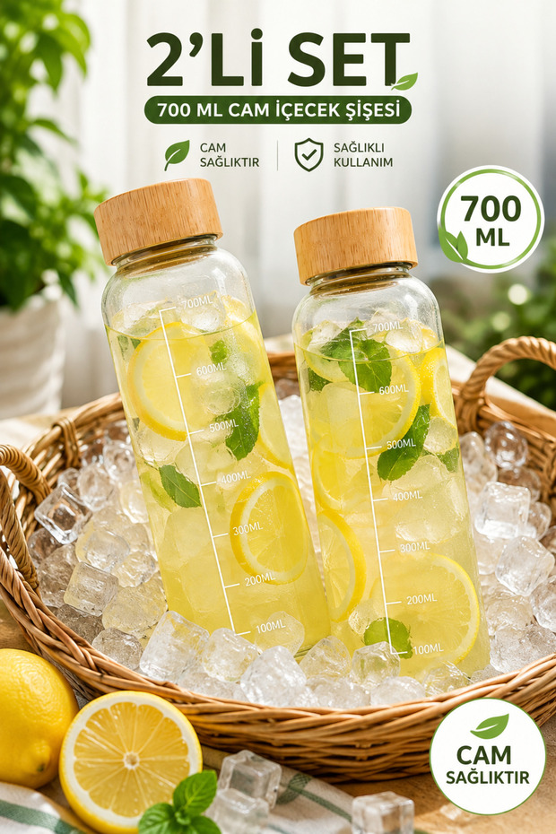 2Pcs 700ml Glass Flask with Bamboo Cover with Scale Water Bottle Leak-Proof Glass Water Jug Beverage Lemonade Soft Drink Bottle